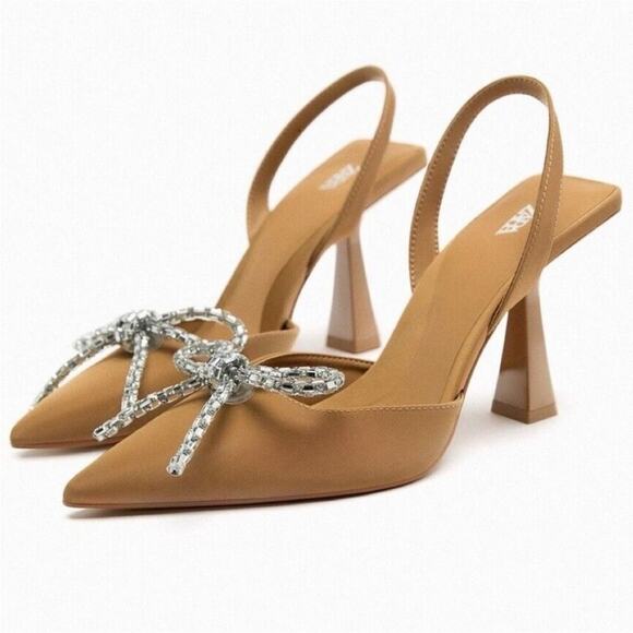 NWT ZARA Pointed Toe Rhinestone Bow Slingback Heels 9 Tan - Picture 1 of 8